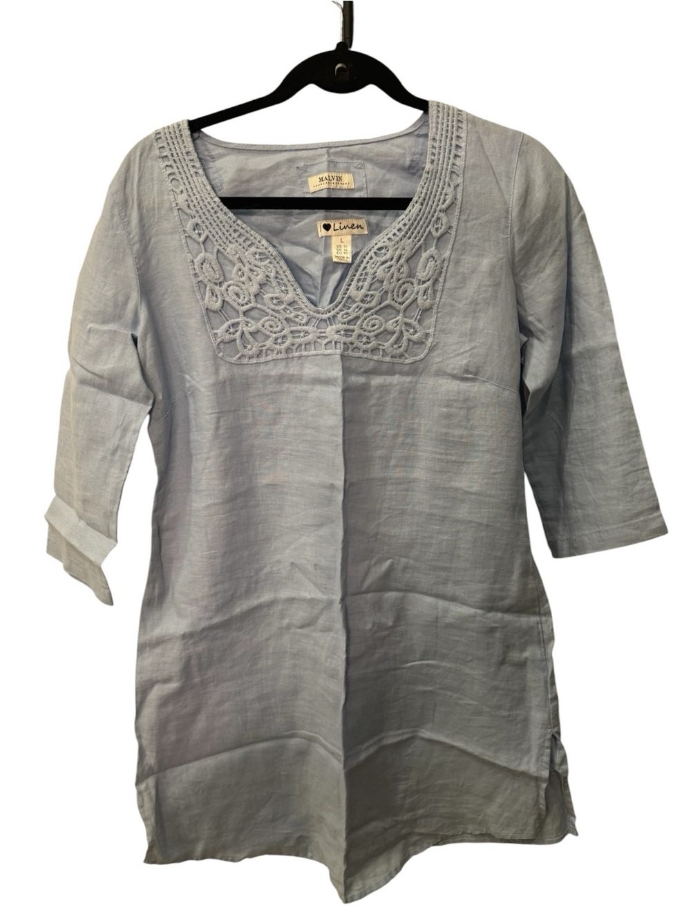 Malvin "I Love Linen" light blue tunic dress featuring 3/4 sleeve size L (10)